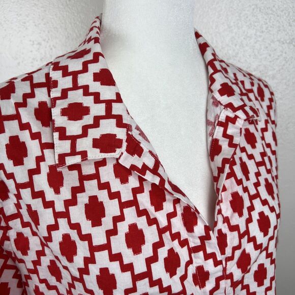 Shade & Shore Button Down Shirt Women Large Red White Graphic Short Sleeve Top - Picture 10 of 13